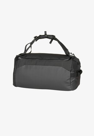 Borsa da viaggio rettangolare nera con doppie spalline regolabili, chiusura superiore con cerniera e maniglia laterale, progettata per viaggi o uso sportivo.