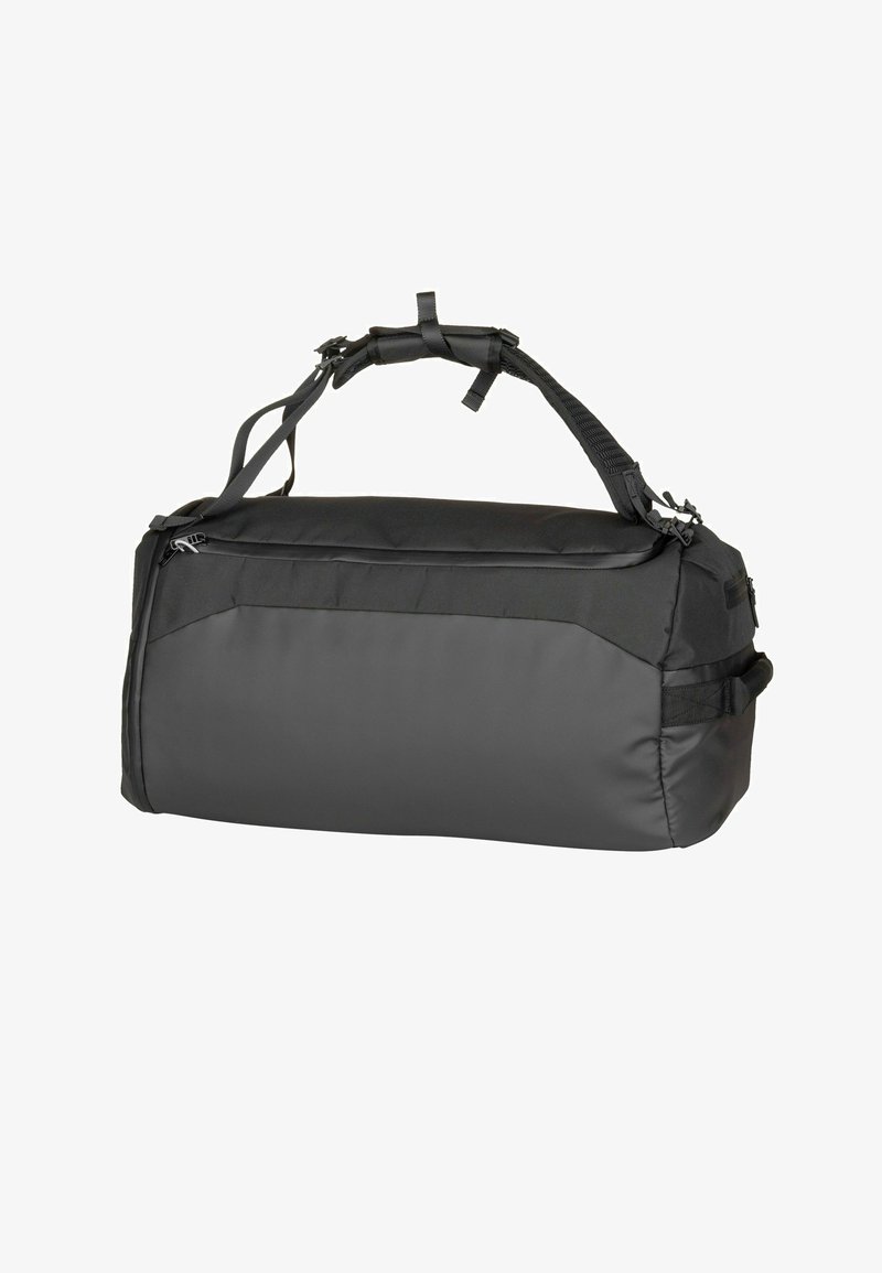 Sac de sport rectangulaire noir avec doubles bretelles réglables, fermeture éclair supérieure et poignée latérale, conçu pour les voyages ou le sport.