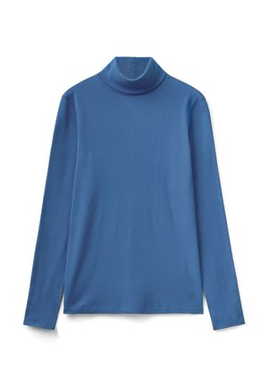 Maglione di cotone blu a maniche lunghe con colletto a pieghe, disposto su uno sfondo bianco.