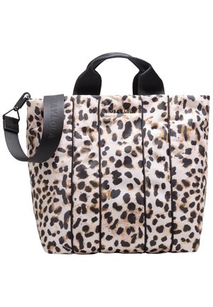 Kuvioitu leopardikassi, jossa on vaaleanbeige ja musta malli, varustettu kahdella mustalla kahvalla ja irrotettavalla olkahihnalla, valmistettu sileästä synteettisestä materiaalista.