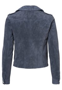 Mörkblå faux suede-jacka med en strukturerad krage, skräddarsydd passform och axelklaffar. Har sidofickor och knappslut.