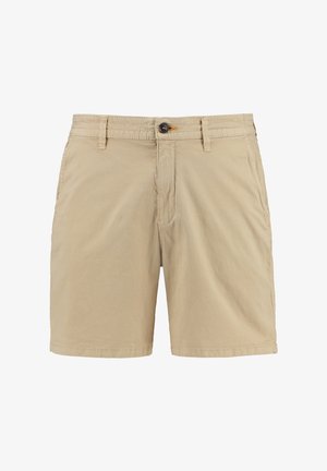 Bežiniai medvilniniai šortai su mygtuko uždarymu, priekinėmis kišenėmis ir minkšta tekstūra. Dizainas tiesių kojų su laisvu siluetu.