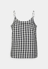 Top sem mangas xadrez preto e branco com alças finas e decote redondo, feito de um tecido leve, apresentando um corte solto.