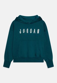 Skarpet i kolorze szmaragdowym z kapturem, z napisem "JORDAN" nadrukowanym na klatce piersiowej, przednią kieszenią typu kangur oraz małym czarnym logo Jumpman w pobliżu dołu.