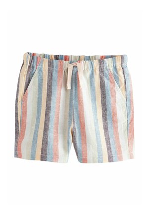 Leinen-Shorts mit Kordelzugbund, versehen mit vertikalen Streifen in sanften Pastellfarben. Zwei Seitentaschen sorgen für praktische Nutzung.