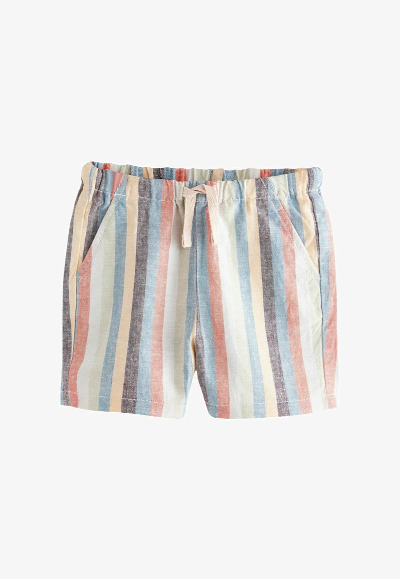 Pantalones cortos de lino con cintura ajustable con cordón, con franjas verticales en suaves colores pastel. Incluyen dos bolsillos laterales para mayor comodidad.