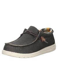 Scarpa slip-on in tessuto grigio con esterno testurizzato, suola in gomma bianca e interno a motivo floreale. Caratterizzata da dettagli in pizzo marrone.