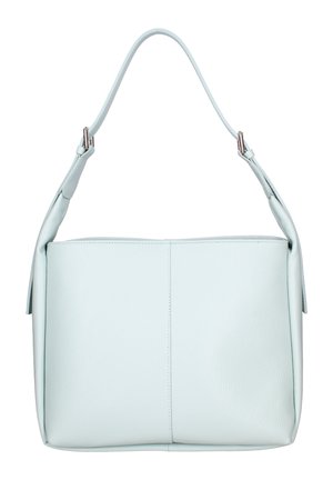 Lichtblauwe leren schoudertas met een enkele verstelbare riem en subtiel detail van de middennaad.