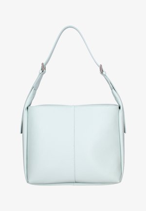 Lichtblauwe leren schoudertas met een enkele verstelbare riem en subtiel detail van de middennaad.