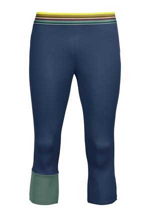 Navy cropped leggings with a green accent at the hem and a multi-color striped waistband. Made from smooth, stretchy fabric.