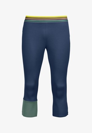 Navy cropped leggings with a green accent at the hem and a multi-color striped waistband. Made from smooth, stretchy fabric.
