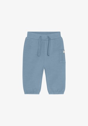 Hellblaue Jogginghose aus weichem Stoff, mit elastischem Bund und Kordelzug, verengten Bündchen und einer Seitentasche mit Etikett.