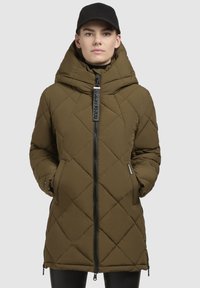 Kieselgrüne, gesteppt puffer Jacke mit hohem Kragen, Frontreißverschluss, seitlichen Taschen und abnehmbarem Kapuzen. Glattes Material mit matter Oberfläche.