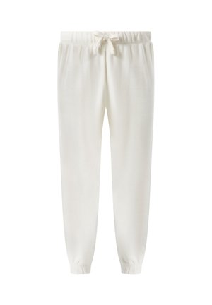Pantalon de jogging à taille élastique blanche avec cordon de serrage et poignets élastiques, conçu pour un usage décontracté.