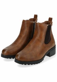 Bottines en simili cuir marron avec un bout arrondi, des panneaux latéraux élastiques et un petit talon bloc. Dispose d'une petite fermeture éclair pour un accès facile.