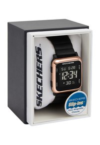 Schwarzes Silikonarmband-Digitaluhr mit quadratischem roségoldfarbenem Gehäuse und schwarzem Zifferblatt, präsentiert in einer weiß-schwarzen Box mit "SKECHERS"-Markierung.