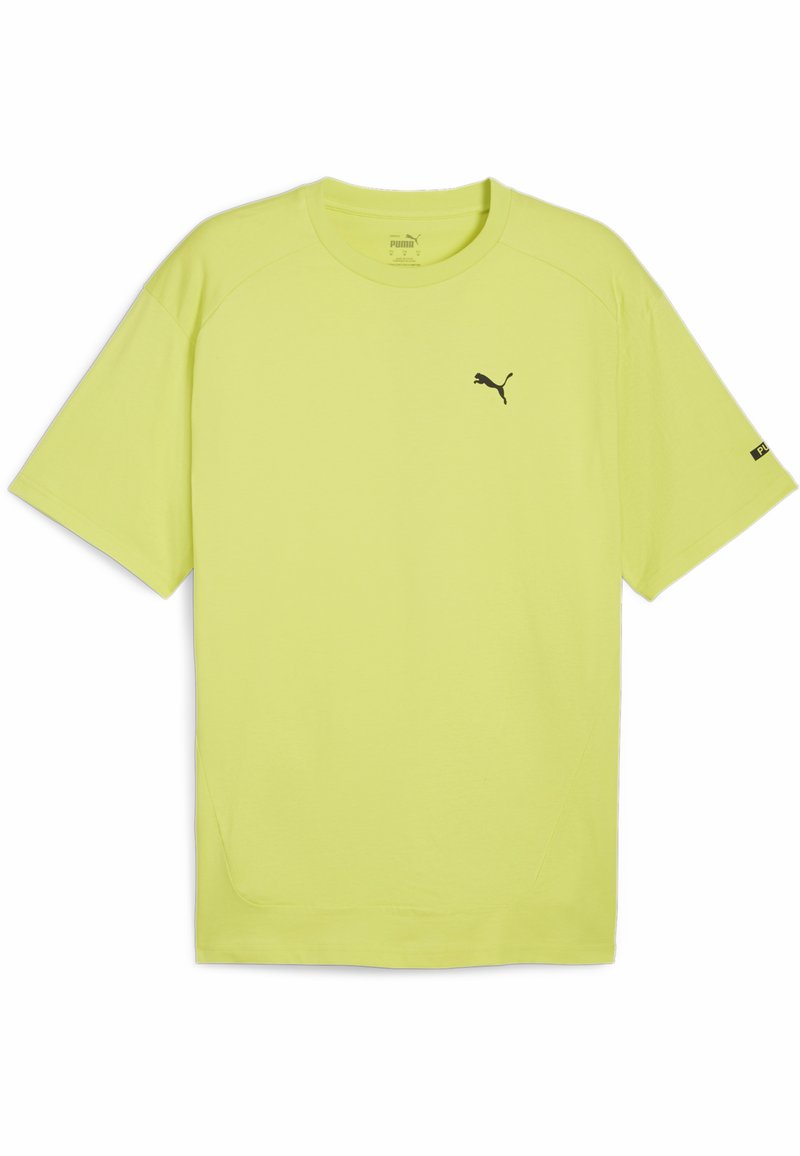 Ryškiai geltonas trumpas rankovės marškinėliai, pagaminti iš minkštos medžiagos, su juodu Puma logotipu ant krūtinės ir išlenktu apdaila.