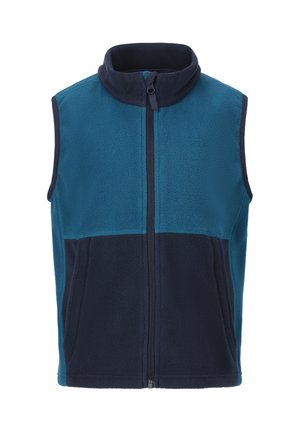 Mouwloos fleecevest met ritssluiting aan de voorkant, bovenste helft in teal, onderste helft in marineblauw, hoge kraag en zijzakken.