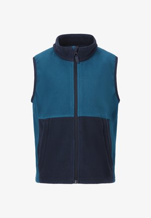 Mouwloos fleecevest met ritssluiting aan de voorkant, bovenste helft in teal, onderste helft in marineblauw, hoge kraag en zijzakken.