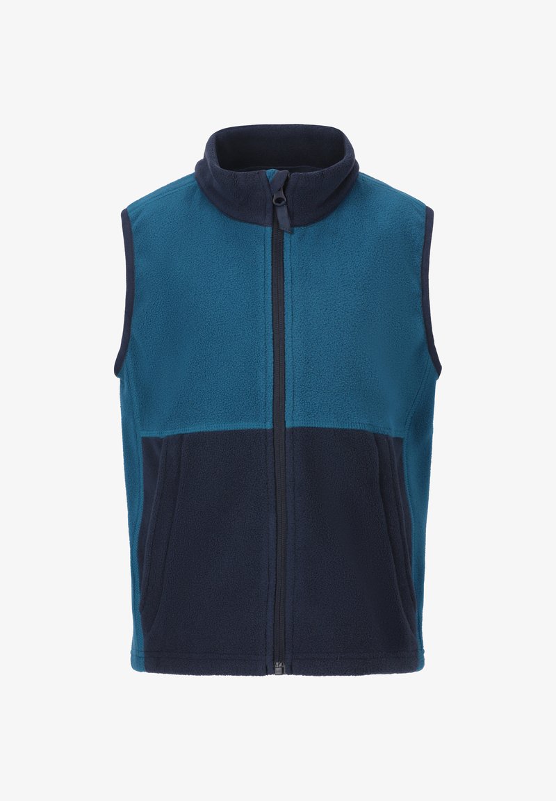 Mouwloos fleecevest met ritssluiting aan de voorkant, bovenste helft in teal, onderste helft in marineblauw, hoge kraag en zijzakken.