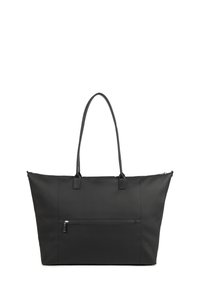 Borsa tote nera realizzata in materiale sintetico liscio. Presenta due manici robusti, una tasca anteriore con zip e un design minimalista.