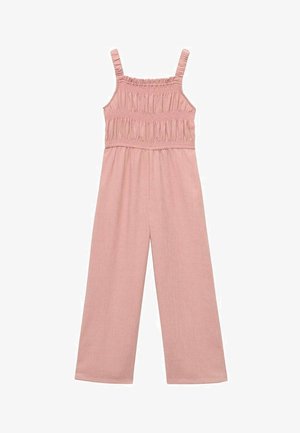 Roza kombinezon z širokimi hlačami, smockanim bodjem in elastičnimi naramnicami. Izdelan iz lahkega blaga, ki ima mehak, teksturiran videz.