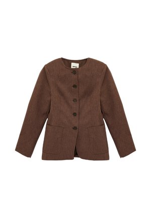 Brown textured long-sleeve jacket with round neckline, five buttons down front, and two front patch pockets.