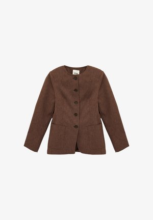 Brown textured long-sleeve jacket with round neckline, five buttons down front, and two front patch pockets.