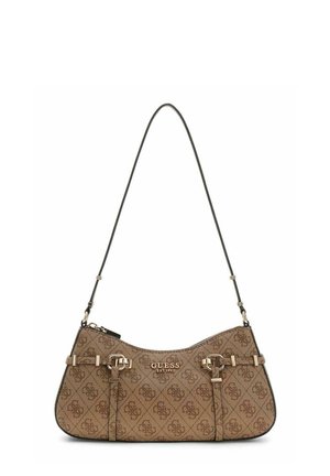 Sac à main marron de la marque Guess avec motif monogramme, boucles dorées, bandoulière ajustable et fermeture éclair.