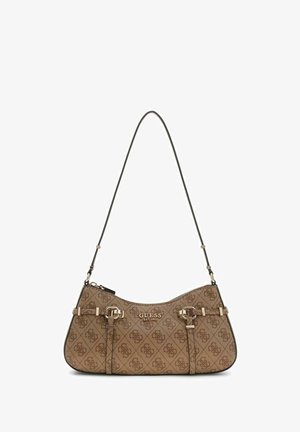 Brown Guess handbag with monogram pattern, gold-tone buckles, adjustable shoulder strap, and zip closure.