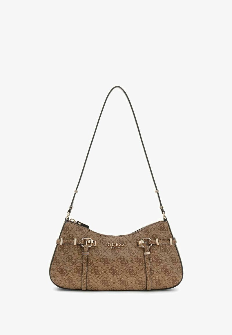 Sac à main marron de la marque Guess avec motif monogramme, boucles dorées, bandoulière ajustable et fermeture éclair.