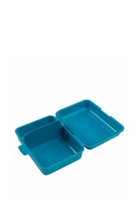 Lunch box in plastica color turchese con due scomparti e un divisore. Presenta un coperchio a cerniera e una maniglia laterale per un facile trasporto.