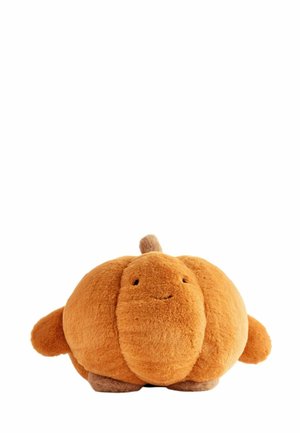 Soft orange plush toy shaped like a round pumpkin with small arms, feet, a smiling face, and a brown stem on top.