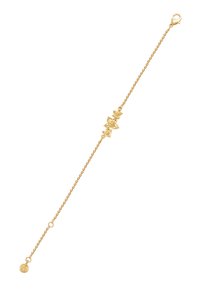 Kultainen rannekoru, jossa on hentoinen ketju ja keskellä kolme pientä kukkakoristetta, sekä pihalukko.