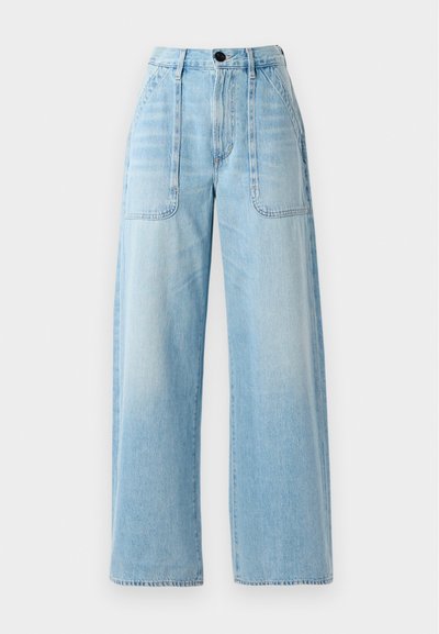 Light blue wide-leg jeans made of denim, featuring prominent front pockets, a high waist, a button closure, and visible stitching details.