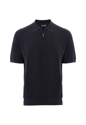 Marineblaues Poloshirt mit kurzen Ärmeln aus strukturiertem Stoff und einem vorderen Reißverschluss, der halb vom Kragen nach unten reicht.