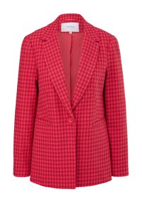 Czerwony żakiet w wzór houndstooth z klapami, pojedynczym zapięciem na guzik, dwiema przednimi kieszeniami oraz gładką podszewką.