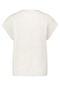 Pull en tricot couleur crème à manches courtes avec une texture côtelée et un col rond, vu de dos.