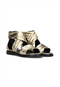Gouden metallic sandalen met kruisbanden, open tenen en een platte zwarte zool. Beschikt over een ritssluiting aan de achterkant voor gemakkelijk aan- en uittrekken.