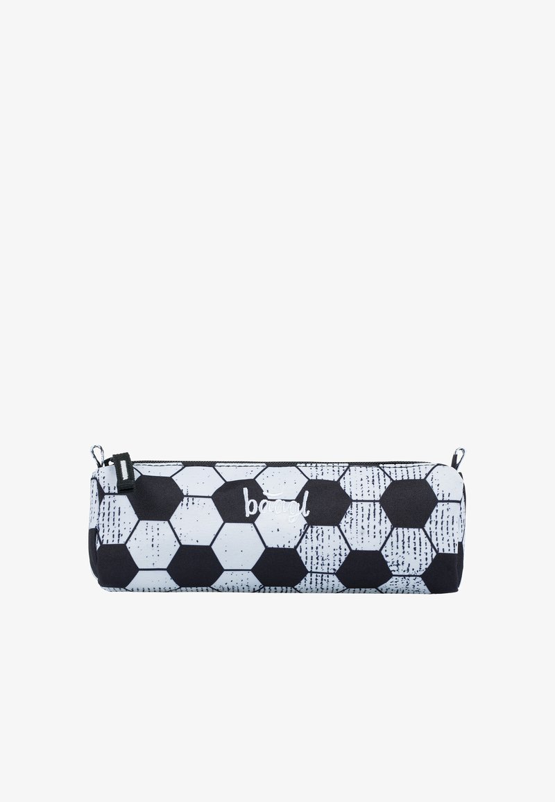 Astuccio con un motivo a palloni da calcio esagonali in bianco e nero, dotato di una cerniera nera e di un piccolo anello per il fissaggio.