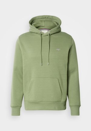 Hellgrüner Pullover-Hoodie mit Fronttasche, verstellbarer Kordelkapuze und kleinem, auf der Brust gesticktem Logo.