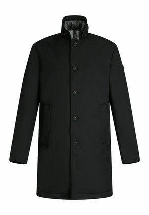 Mustan takin, jossa on korkea kaulus, napit ja sivutaskut. Valmistettu sileästä kankaasta, jossa on matta pinta ja yksinkertainen muotoilu.