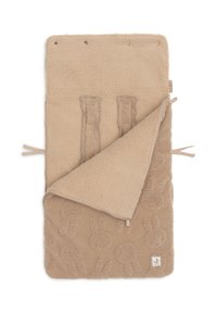 Beige fleecedeken met een getextureerd konijnenpatroon, voorzien van een gladde onderkant en strikjes om het vast te zetten. Zacht en warm textielmateriaal.