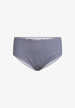 Bas de bikini rayé bleu marine et blanc avec une taille haute, une texture lisse et des bords surpiqués pour une meilleure durabilité.