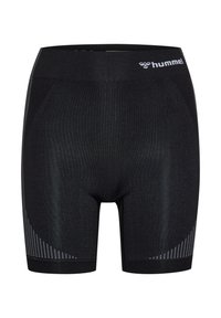 Zwarte shorts van rekbaar stof met een geribbelde tailleband. Heeft ademende accenten aan de zijkanten en een logo aan de voorkant.