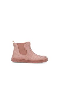 Botas de tobillo rosas con una superficie texturizada que presenta un patrón de estrellas, paneles laterales elásticos y una asa en la parte posterior para facilitar su uso.