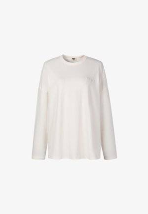 Witte langharige crewneck shirt met subtiele geborduurde logo op de linkerborst en een reguliere pasvorm.