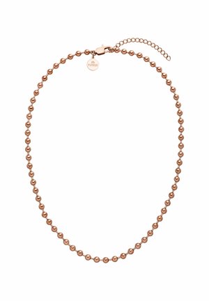 Roségoldene Perlenkette mit einem Verschluss und Verlängerungskette, die runde Perlen mit einer glatten Oberfläche enthält. Enthält ein kleines Markenschild.