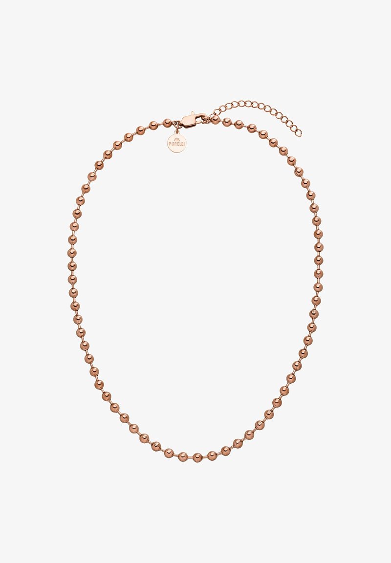 Roségoldene Perlenkette mit einem Verschluss und Verlängerungskette, die runde Perlen mit einer glatten Oberfläche enthält. Enthält ein kleines Markenschild.