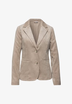 Blazer in corda beige con rever a punta, due tasche frontali, chiusura con un bottone e texture a coste verticali.